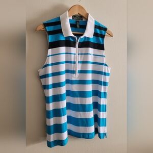 Ralph Lauren collared stretch zipdown tank top Women's XL, blue & white striped.